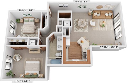 Floor plan for 2 beds, 1 bath, 1035 sqft